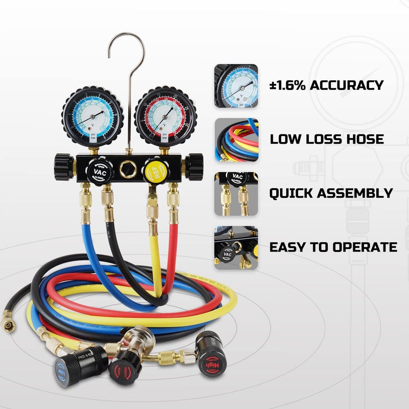 LICHAMP AC R1234YF R134A Gauge Set, Automotive 4 Valve Manifold Gauge Compatible with R1234YF and R134A Refrigerants, Works on Car Freon Charging and Evacuation - Image 3